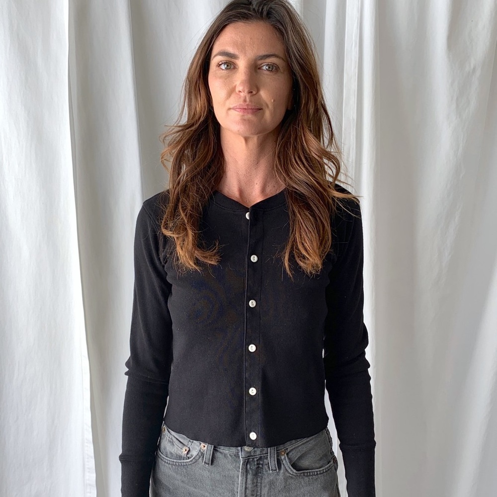 Re/Done Blue 50’s Cropped Button Long Sleeve Cardigan